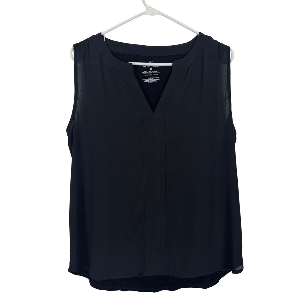 New York & Company Blouse LARGE Black Sheer Front Split V-Neck Sleeveless Office